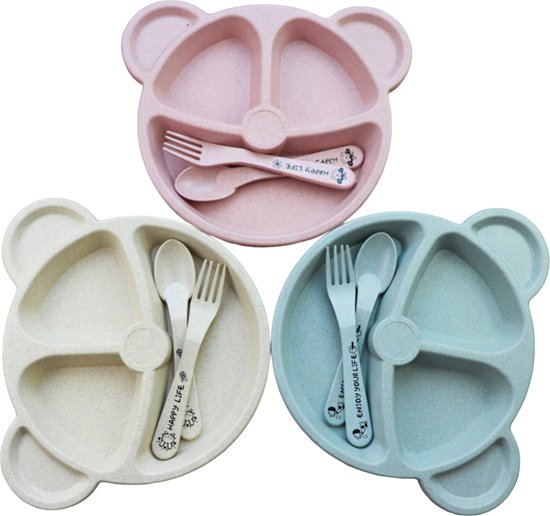 Services de table Bébé - Assiette à compartiments - Couverts Kinder - Fourchette - Cuillère - Couverts d'entraînement - Blauw - Paille de blé - Durable