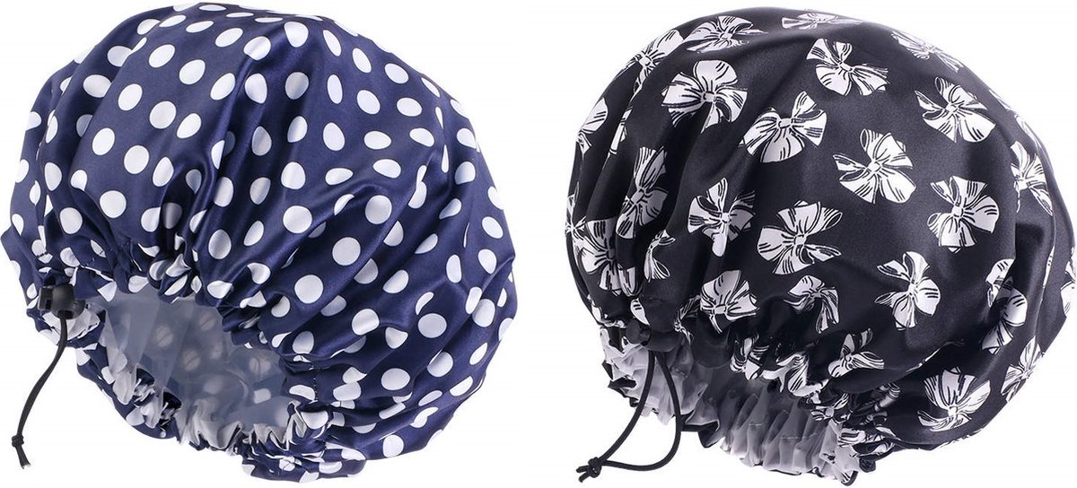 2 Stuks - Douchemuts Dames Extra Groot - Douchecap Stippen Strikjes Navy - Waterproof