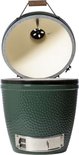 Donkergroene Big Green Egg barbecue met openklapbare deksel en zilverkleurige ventilatieroosters.
