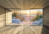Fotobehang - Vlies Behang - 3D Raamzicht op de Duinen, Strand, Zee en Zonsondergang - 368 x 254 cm
