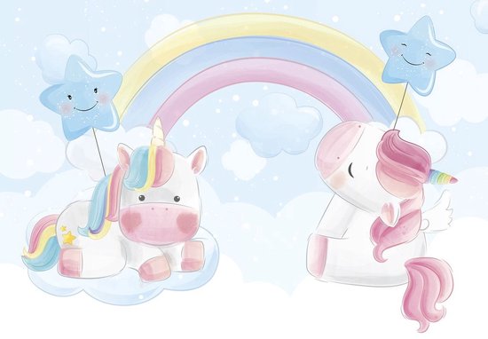 Papier peint photo - Papier peint intissé - Licornes avec arc-en-ciel et nuages ​​- Papier peint pour enfants - 312 x 219 cm