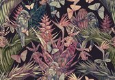 Fotobehang - Vinyl Behang - Tropische Planten met Vogels en Vlinders - 254 x 184 cm