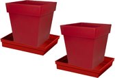 Set van 2x stuks bloempotten Toscane vierkant kunststof rood 39 x 39 x 39 cm inclusief onderschalen - Bloempot set