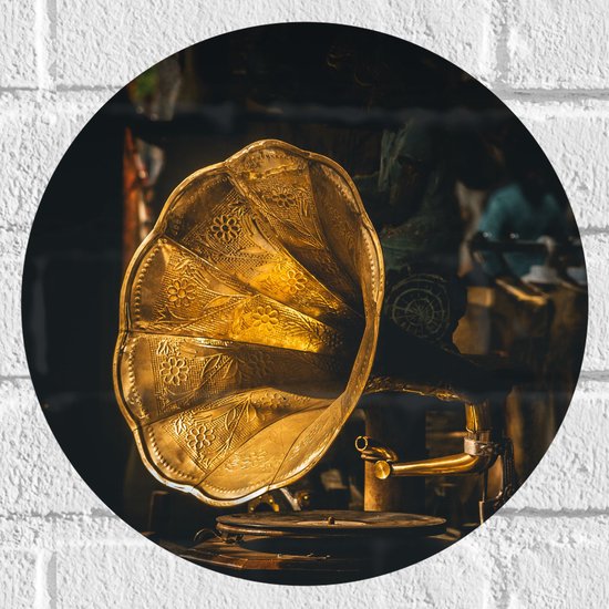 Muursticker Cirkel - Gouden Glimmende Grammofoon - 30x30 cm Foto op Muursticker