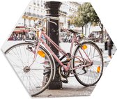 PVC Schuimplaat Hexagon - Roze Fiets Geparkeerd in Franse Stad - 50x43.5 cm Foto op Hexagon (Met Ophangsysteem)
