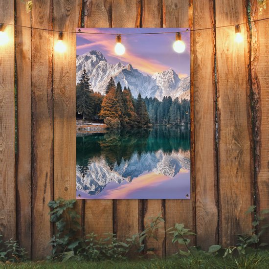 Affiche jardin - Toile jardin - Posters de jardin extérieur - Montagnes - Forêt - Water - Ciel - Rose - Violet - 80x120 cm - Jardin