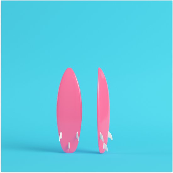 Poster Glanzend – Twee Roze Surfboads tegen Felblauwe Achtergrond - 50x50 cm Foto op Posterpapier met Glanzende Afwerking