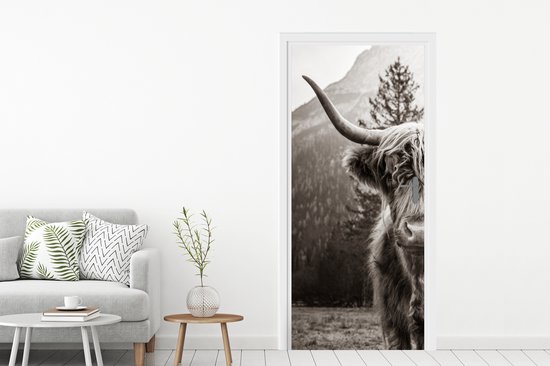 Sticker pour porte Highlander écossais - Taureau - Zwart - Wit - 80x205 cm - Affiche de porte