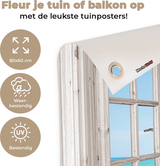 Tuinposter 80x60 cm - Tuindecoratie Doorkijk - Strand - Zand - Poster voor in de tuin - Buiten decoratie - Schutting tuinschilderij - Tuindoek muurdecoratie - Wanddecoratie balkondoek