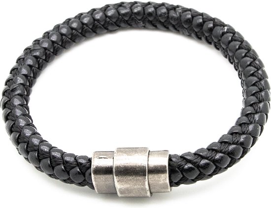 Sorprese armband - Excellence - armband heren - zwart - gevlochten leer - 21 cm - RVS - cadeau - Model O