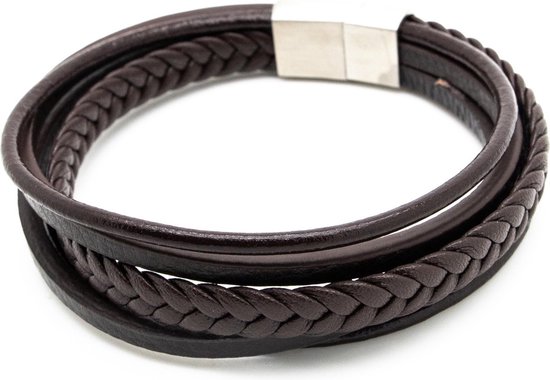 Sorprese armband - Superior - armband heren - leer - bruin - 22 cm - zilveren sluiting - cadeau - Model N