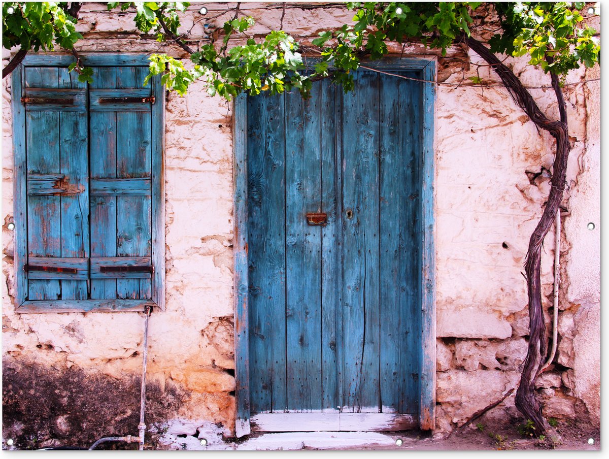 Affiche de jardin Vintage Porte Maison Blauw Arbre 170x120 cm