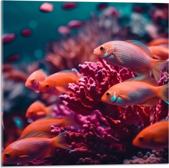 Acrylglas - Groep oranje vissen zwemmen door een roze koraal heen - 50x50 cm Foto op Acrylglas (Wanddecoratie op Acrylaat)