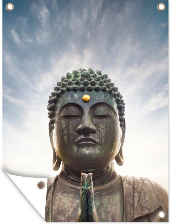 Tuin decoratie Boeddha hoofd - Buddha - Lucht - Spiritueel - Meditatie - 30x40 cm - Tuindoek - Buitenposter