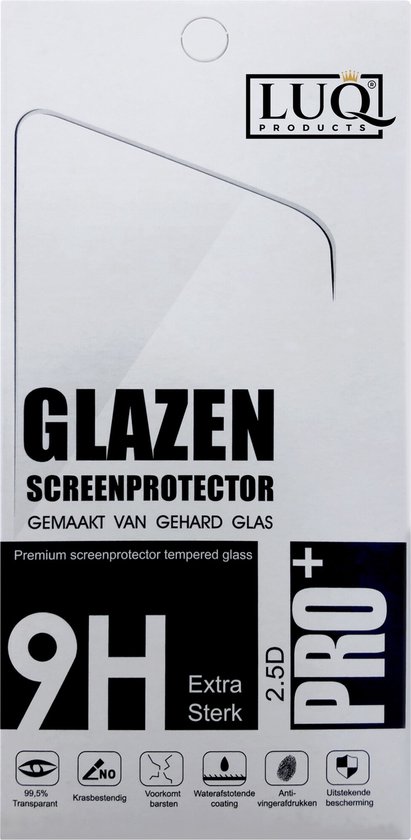 Verpakking van een LUQ glazen screenprotector met 9H hardheid, 2.5D, anti-vingerafdruk, waterafstotende coating en uitstekende bescherming.