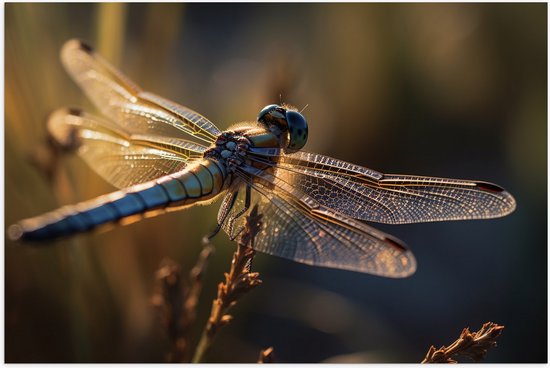 Foto: Poster glanzend blauwe libel staat op bloem met gedetaileerde doorzichtige vleugels 105x70 cm foto op posterpapier met glanzende afwerking