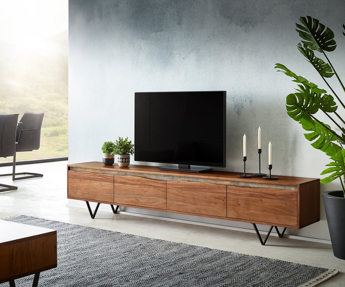 Tv-meubel Stonegrace acacia bruin Boomrand 220 cm 4 deuren V-poot zwart Tv-meubel