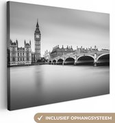 Canvas Schilderij Londen - Big Ben - Water - Skyline - Zwart wit - 120x90 cm - Wanddecoratie