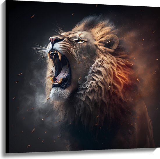 Canvas - Brullende Mannetjes Leeuw met Scherpe Tanden - 100x100 cm Foto op Canvas Schilderij (Wanddecoratie op Canvas)