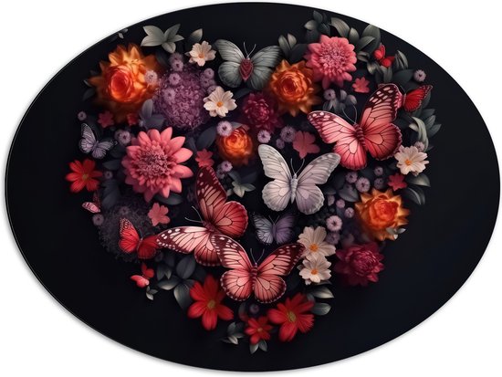 Dibond Ovaal - Hart van Verschillende Bloemen en Vlinders tegen Zwarte Achtergrond - 80x60 cm Foto op Ovaal (Met Ophangsysteem)