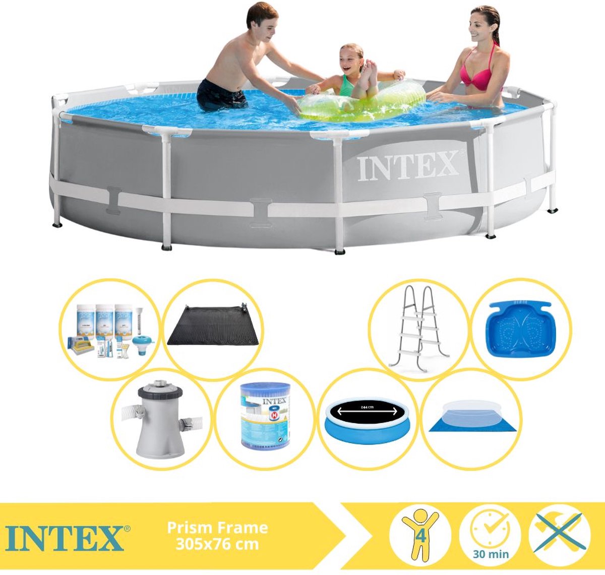 Intex Rond Prism Frame Zwembad - 366 x 76 cm - Grijs - Inclusief Pomp - Solarzeil - Onderhoudspakket - Filter - Grondzeil - Solar Mat - Ladder - Voetenbad - 9-delig