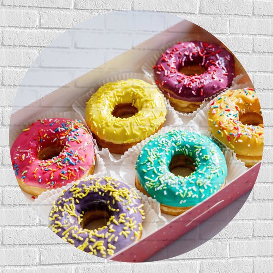 Muursticker Cirkel - Gekleurde Donuts met Spikkels in Roze Doos - 100x100 cm Foto op Muursticker