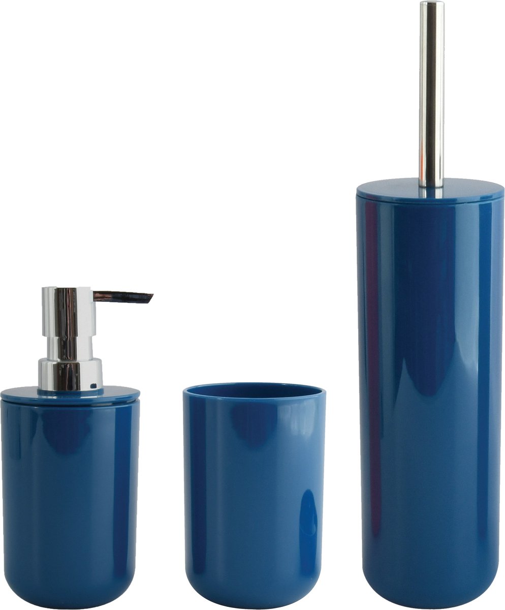MSV Badkameraccessoire Moods - toiletborstel in houder - beker - zeeppompje - donkerblauw - kunststof