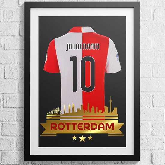 Feyenoord Poster Voetbal Shirt met Skyline - A2+ Formaat 43,2 x 61 cm (Posters epersonaliseerd met eigen naam en nummer) - Voetbal Cadeau