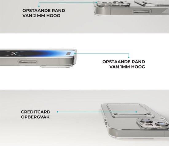 Transparante hoes met 'opstaande rand van 2mm hoog', 'opstaande rand van 1mm hoog' en 'creditcard opbergvak'.