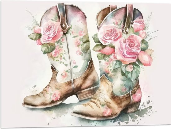 Acrylglas - Acryl Tekening van Cowboy Boots Versierd met Bloemen - 80x60 cm Foto op Acrylglas (Met Ophangsysteem)