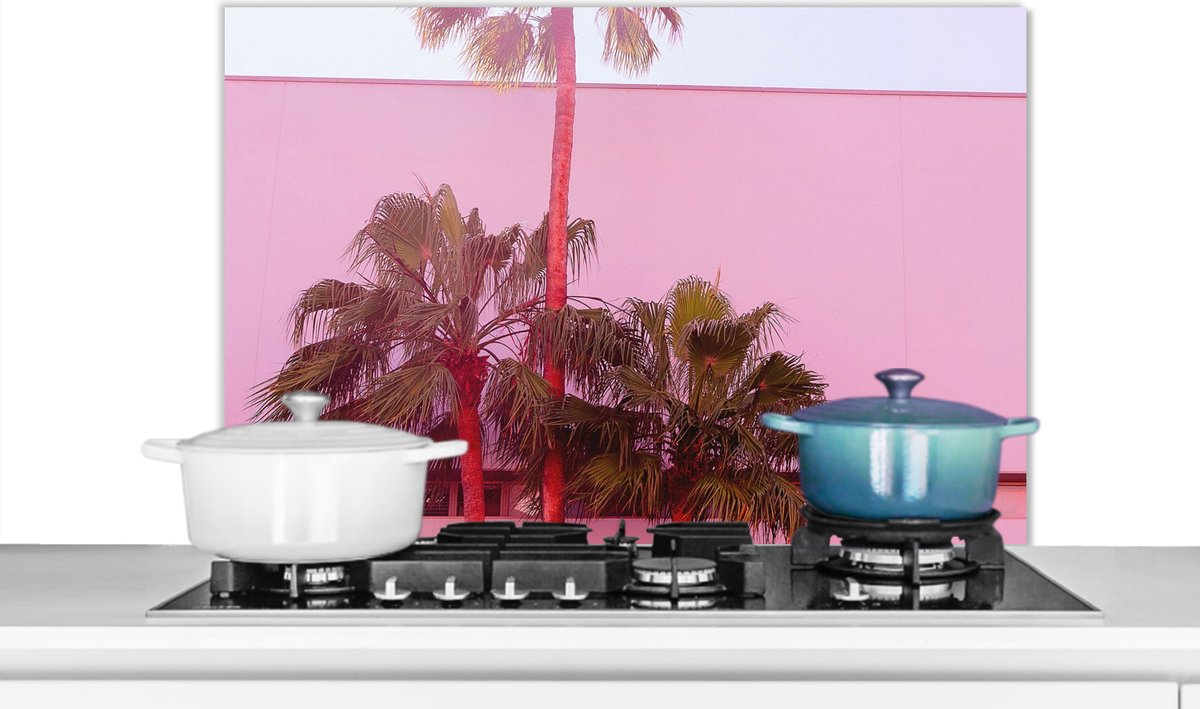 Spatscherm keuken 90x60 cm - Kookplaat achterwand Palm - Tuinposter - Roze - Muurbeschermer - Spatwand fornuis - Hoogwaardig aluminium