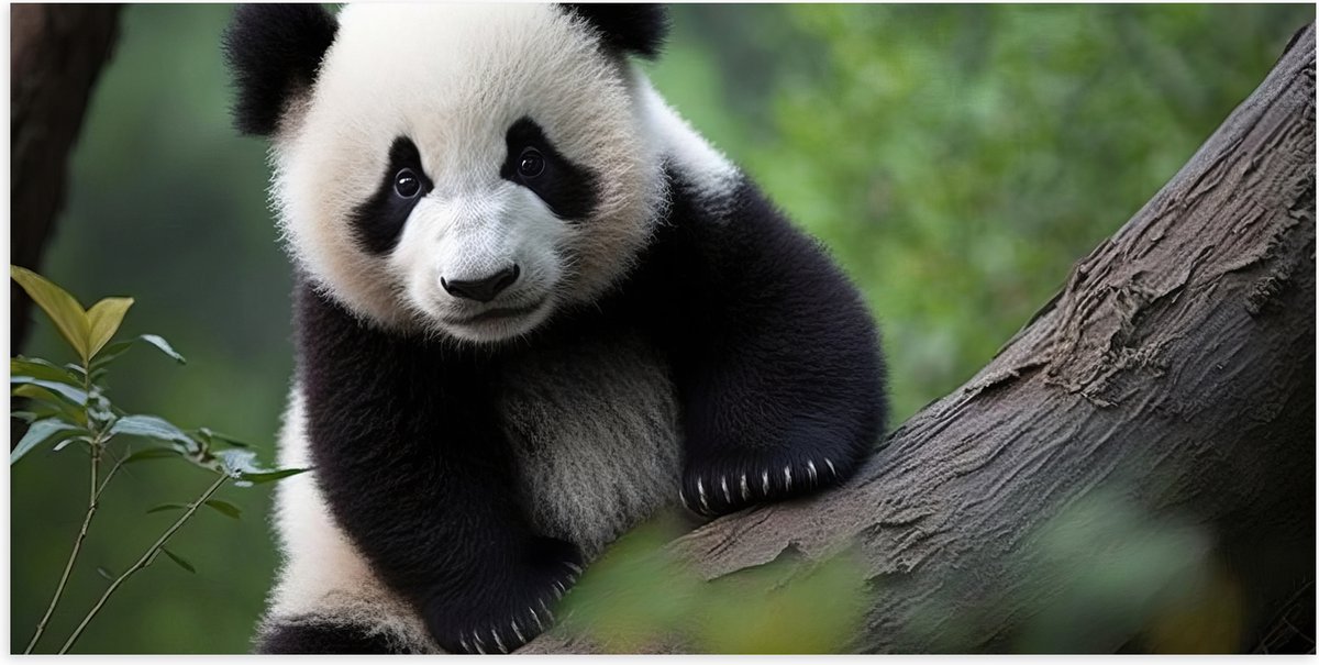 Poster (Mat) - Aankijkende Panda op Boomstam in het Bos - 100x50 cm Foto op Posterpapier m