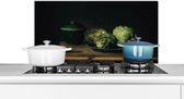 Spatscherm keuken 80x40 cm - Kookplaat achterwand Stilleven - Bord - Artisjok - Kunst - Schilderij - Muurbeschermer - Spatwand fornuis - Hoogwaardig aluminium