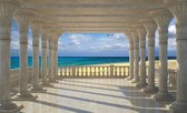 Fotobehang - Vlies Behang - 3D Uitzicht op Zee vanaf het Griekse Terras - 312 x 219 cm
