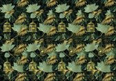 Fotobehang - Vlies Behang - Gouden Vogelkooien en Gouden Bladeren - Jungle - 254 x 184 cm