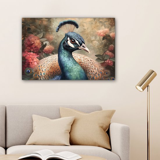 Peinture sur toile 90x60 cm - Décoration murale Paon - Vogel - Fleurs - Plantes - Plumes de paon - Décoration murale murale salon - Décoration chambre - Accessoires de chambre - Peintures