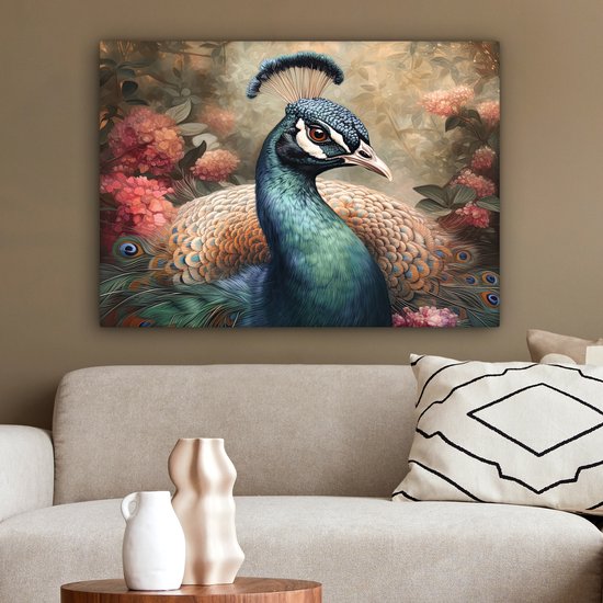 Tableau sur toile Paon - Vogel - Fleurs - Plantes - Plumes de Paon - 80x60 cm - Décoration murale