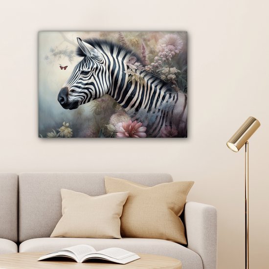Tableau sur toile Zebra - Animaux sauvages - Papillon - Fleurs - 80x60 cm - Décoration murale