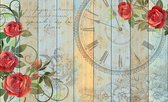 Fotobehang - Vlies Behang - Vintage Klok met Bloemen - Rozen - 368 x 254 cm