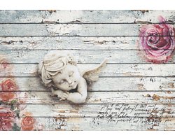 Fotobehang - Vlies Behang - Betonnen Engel met Rozen op Houten Planken - 254 x 184 cm