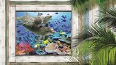 Fotobehang - Vlies Behang - 3D Tropisch Uitzicht op de Dolfijnen in Zee - 460 x 300 cm