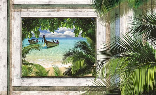 Foto: Fotobehang vlies behang 3d tropisch uitzicht op de palmbomen bootjes strand en zee door het houten raam 254 x 184 cm