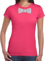 Roze fun t-shirt met vlinderdas in glitter zilver dames - shirt met strikje L