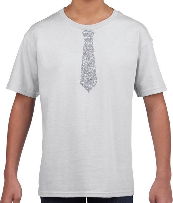 Wit fun t-shirt met stropdas in glitter zilver kinderen - feest shirt voor kids 146/152