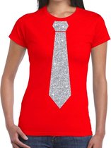 Rood fun t-shirt met stropdas in glitter zilver dames S
