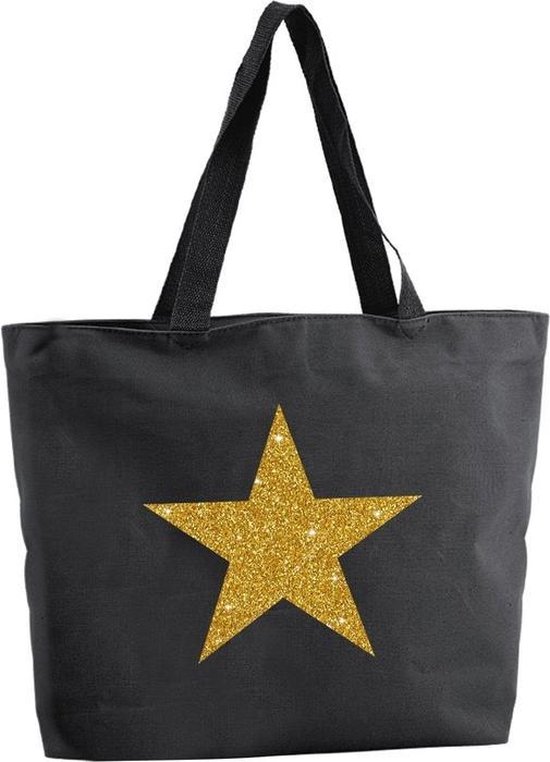 Gouden ster glitter shopper tas - zwart - 47 x 34 x 12,5 cm -  boodschappentas / strandtas | bol.com