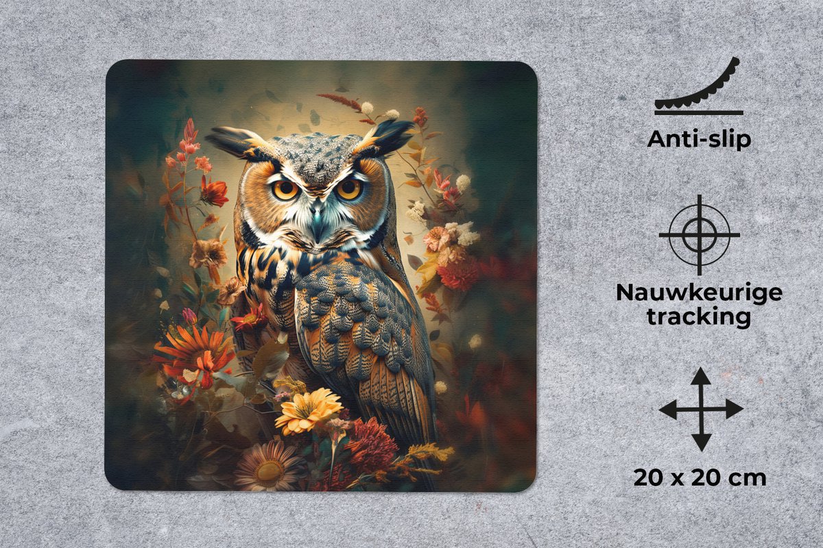 Muismat 20x20 cm - Mousepad Uil - Vogel - Bloemen - Planten - Botanisch - Muismatten