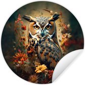 WallCircle - Muurstickers - Behangcirkel - Uil - Vogel - Bloemen - Planten - Botanisch - 120x120 cm - Muurcirkel - Zelfklevend - Ronde Behangsticker XXL