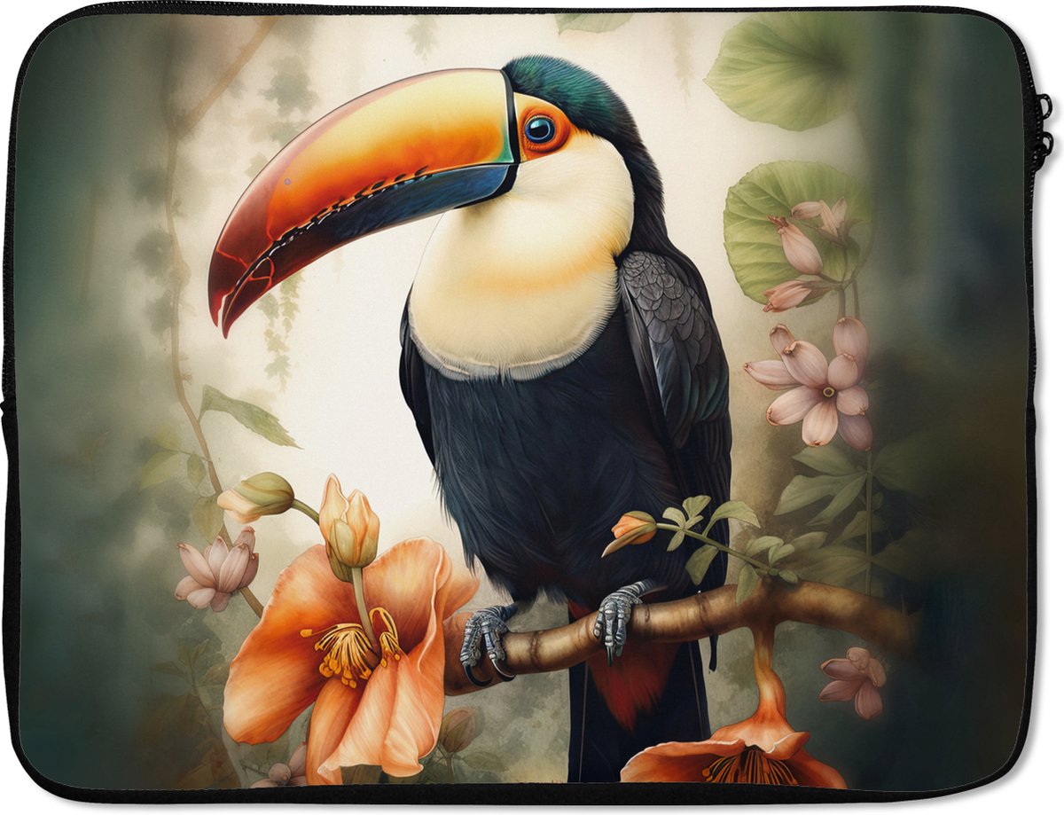 Laptophoes 17 inch - Toekan - Vogel - Bloemen - Planten - Laptop sleeve - Binnenmaat 41x28 cm - Zwarte achterkant