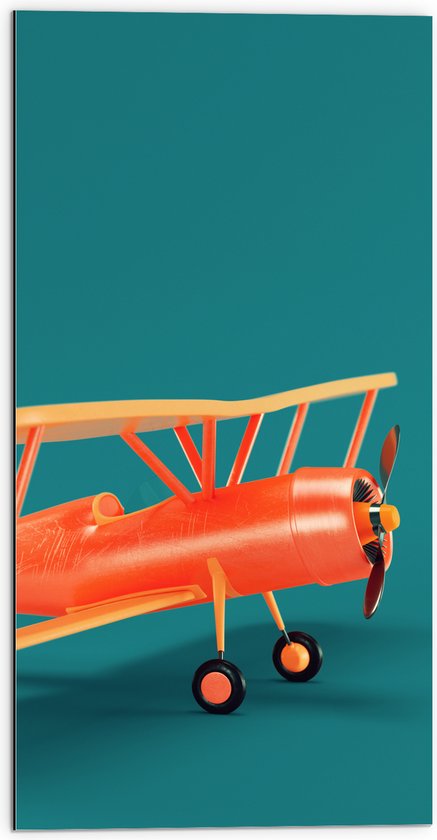 Dibond - Zijaanzicht van Oranje Zweefvliegtuig tegen Blauwe Achtergrond - 50x100 cm Foto op Aluminium (Met Ophangsysteem)
